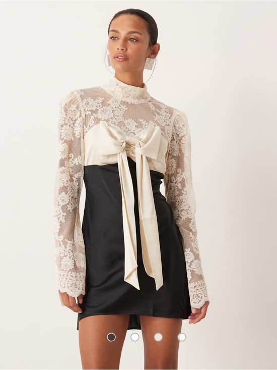 For Love And Lemons Tops - For Love and Lemons - Lace Contrast Bow Front Mini Dress - Cream & Black Large